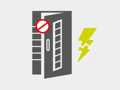 Piktogramm: Offene Tür mit Blitz und Verbotsschild darüber