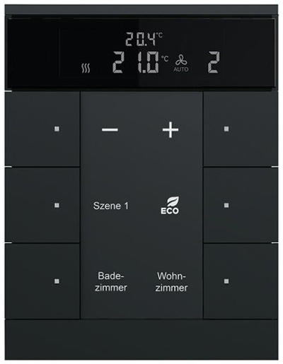 KNX Glastaster von Busch Jäger mit 6 Tasten und individuellen Statusanzeigen mit integriertem Temperaturfühler